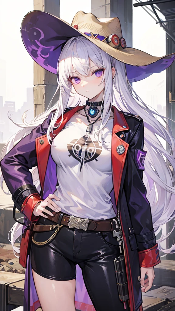 Female, White hair, purple eyes, cool, 160 cm, 18 years, 44 Magnum Revolver, Gunslinger Outfit, Turtle's Rusty bracelet, Cowboy Hat 1, Tomboy, wasteland