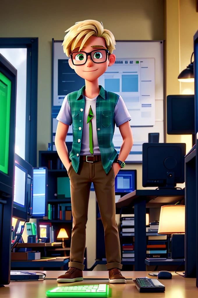 A blond man, young and enthusiastic, wearing glasses and a casual shirt, is standing in front of a desktop computer, with both hands extended over the computer, Tiny sparks of blue and green light are coming out of the man's fingers, flowing towards the keyboard and computer screen. as if there was magic or a miracle for him to call