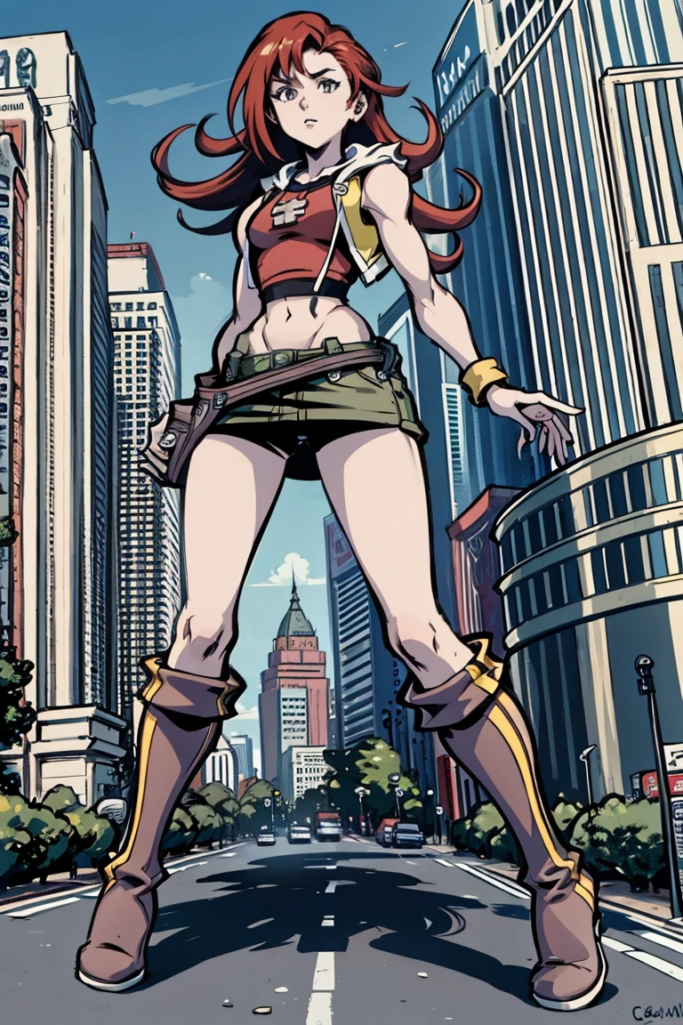 giantess art, tall and athletic girl, highly detailed giantess shot, der riese, long red hair, Super huge, Mini Length Skirt, very small metropolis, Trying to crush a miniature metropolis, Full body depiction, gts, giga giantess, giantess, stomping city, crash city, tiny city, micro city,