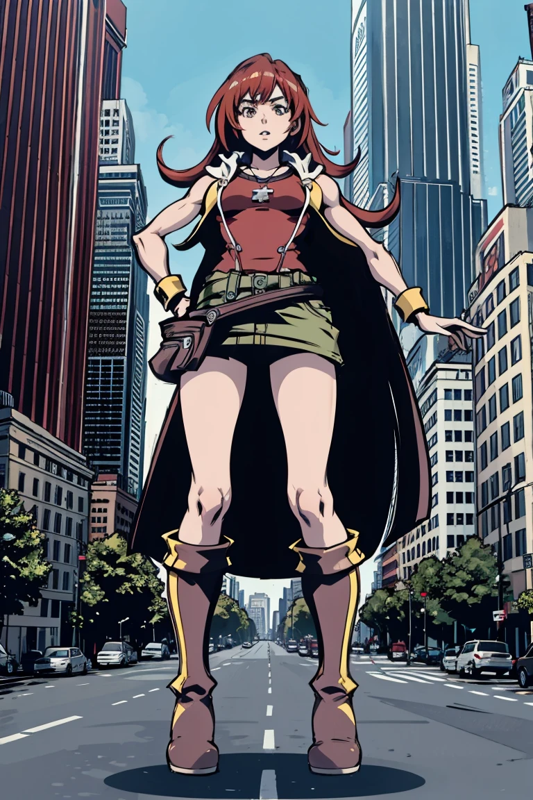 giantess art, tall and athletic girl, highly detailed giantess shot, der riese, long red hair, Super huge, Mini Length Skirt, very small metropolis, Trying to crush a miniature metropolis, Full body depiction, gts, giga giantess, giantess, stomping city, crash city, tiny city, micro city,