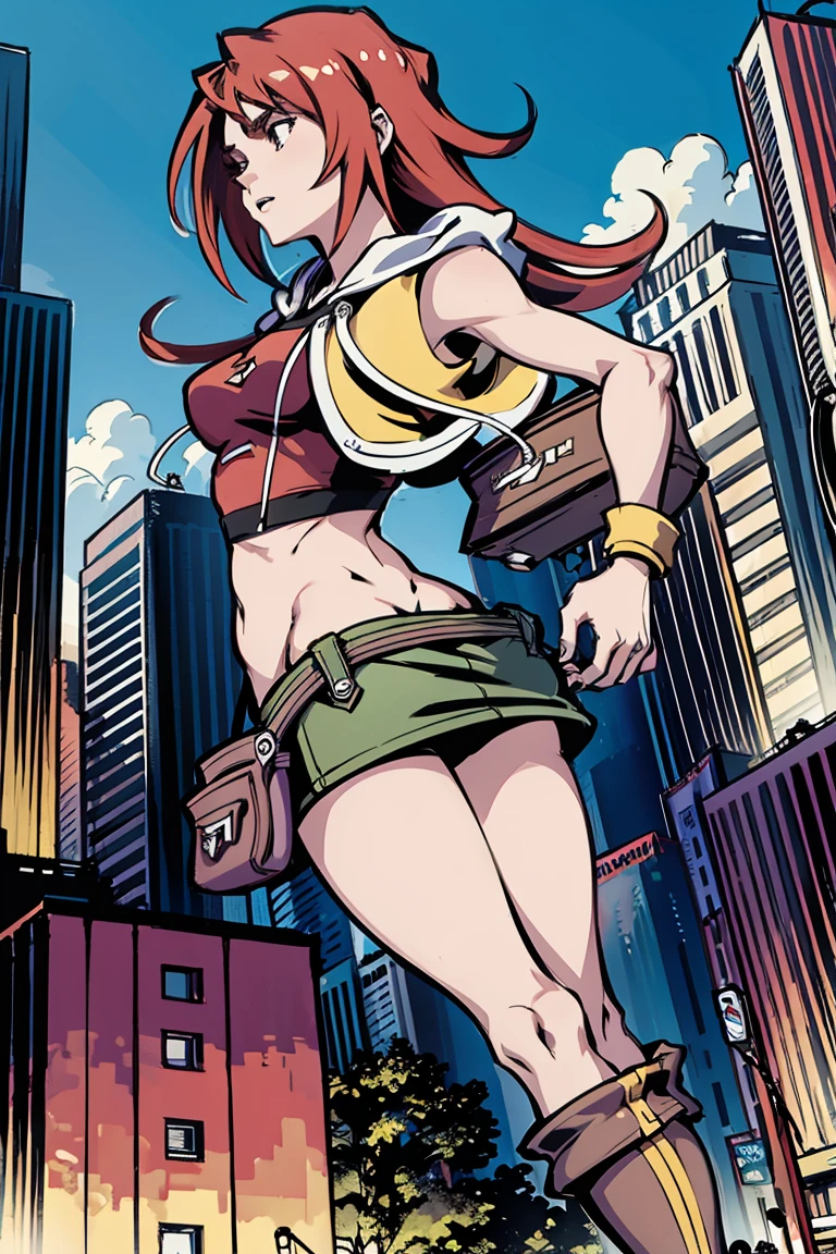 giantess art, tall and athletic girl, highly detailed giantess shot, der riese, long red hair, Super huge, Mini Length Skirt, very small metropolis, Trying to crush a miniature metropolis, Full body depiction, gts, giga giantess, giantess, stomping city, crash city, tiny city, micro city,