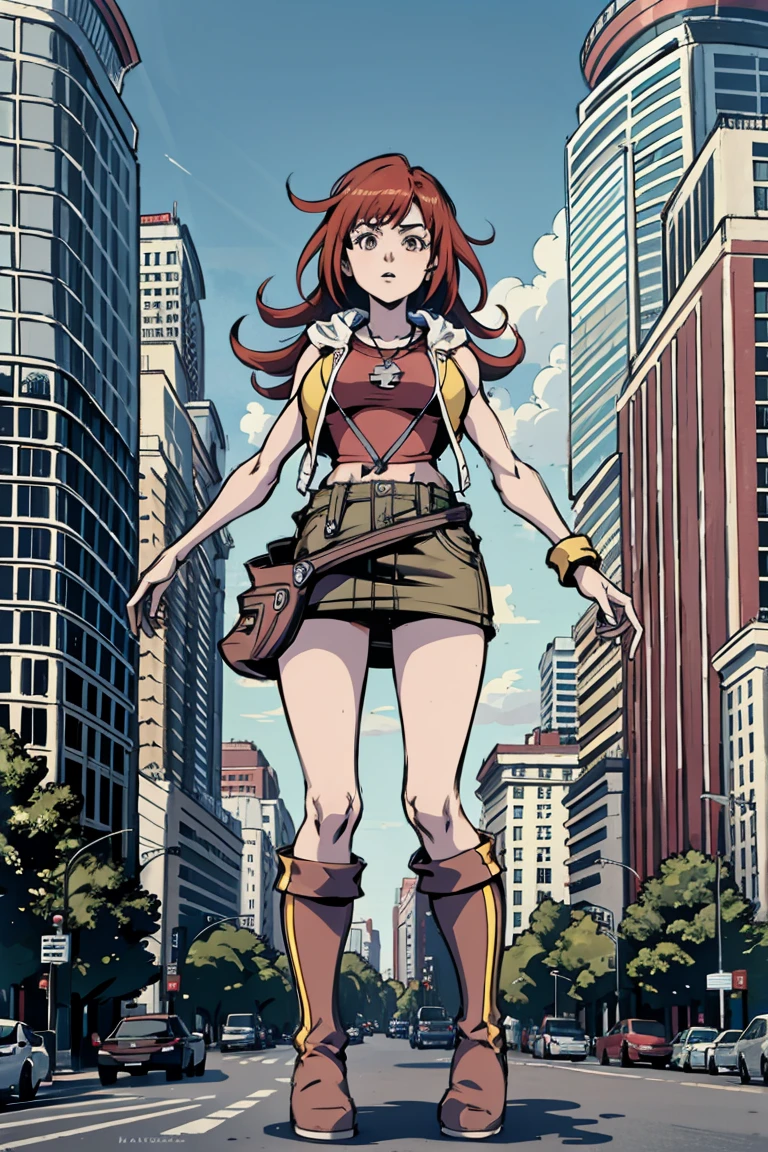 giantess art, tall and athletic girl, highly detailed giantess shot, der riese, long red hair, Super huge, Mini Length Skirt, very small metropolis, Trying to crush a miniature metropolis, Full body depiction, gts, giga giantess, giantess, stomping city, crash city, tiny city, micro city,