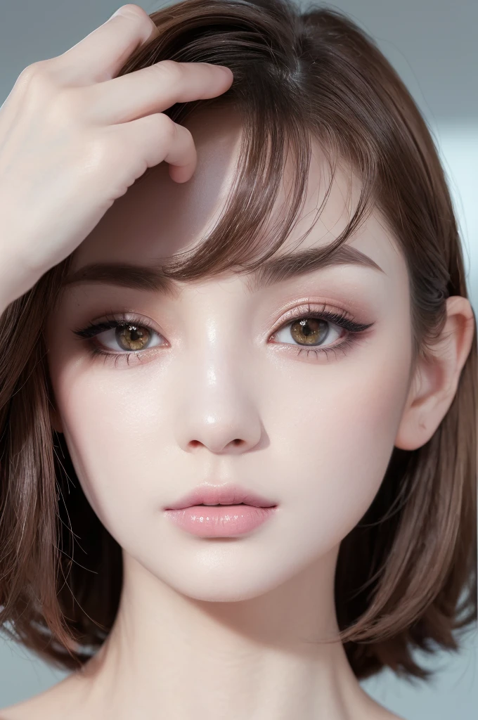 (Ultra high resolution absurd detailed quality), (the most absurdres quality eyes), ((absurd quality natural beautiful cute sharp face), ultra insanel details:1.2), (light pale complexion), ((clear no blur and sharp perfect round realistic brown_eyes:1.25), ultra insanel details:1.15), ((finaly detailed round pupils:1.4)), ((small iris:1.2)), detailed lips:1.3, (long_blue_eyeliner), (pink_lipstick:1.1), ((perfect dark_eyeshadows)), (Detailed nose:1.2), perfect composition, ((pale skin:1.28)), ((dry skin)),