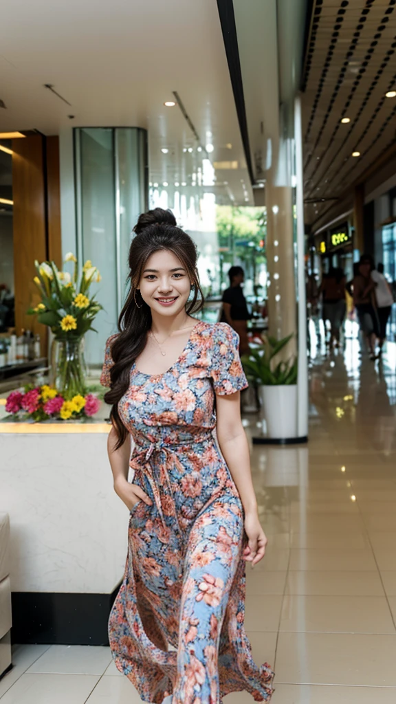 a beautiful woman, smiling, natural breasts, messy bun hair, casual printed flower pattern tight dress with u-neck short-sleeve, (standing and open legs, front view), detailed face, realistic, photo realistic, at large mall, indoor, potrait photo, potrait,