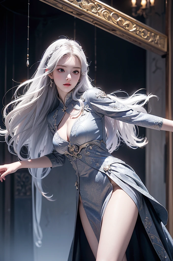 ((masterpiece:1.5,Highest quality,Highly detailed images,Beautiful images、Realistic、Photorealistic、2.5D))(1girl, 独奏)(medium breasts, white hair, black eyes, Healthy legs、Tight ass、Beautiful cleavage)(Fantasy dresses、Fantasy Clothes、Battle Dress from Another World、Deep slit)(wind, floating hair)(Inside the castle、Audience Chamber)