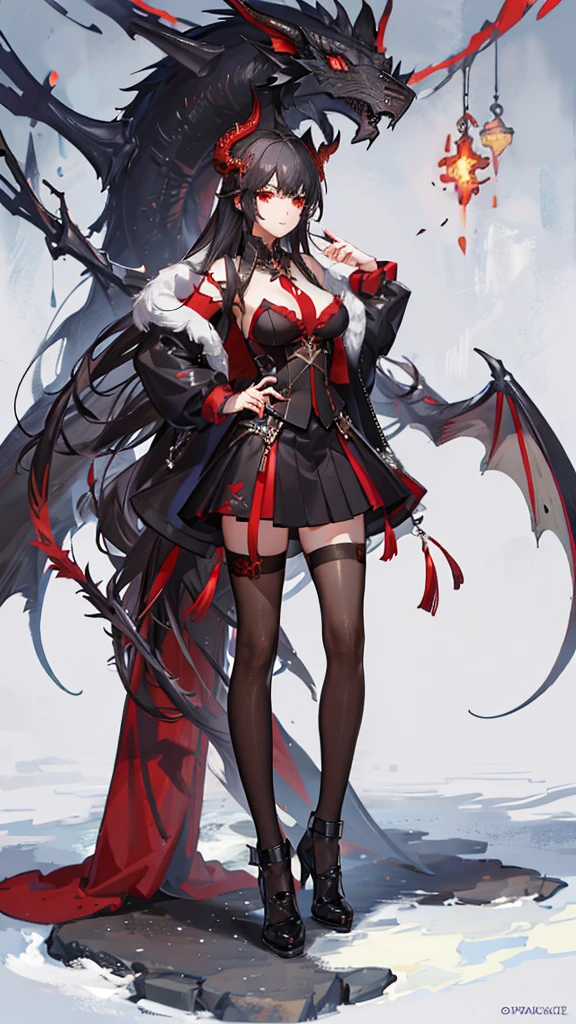 1 girl, black fur, Red eyes, with suit and skirt, Red Dragon, big breasts