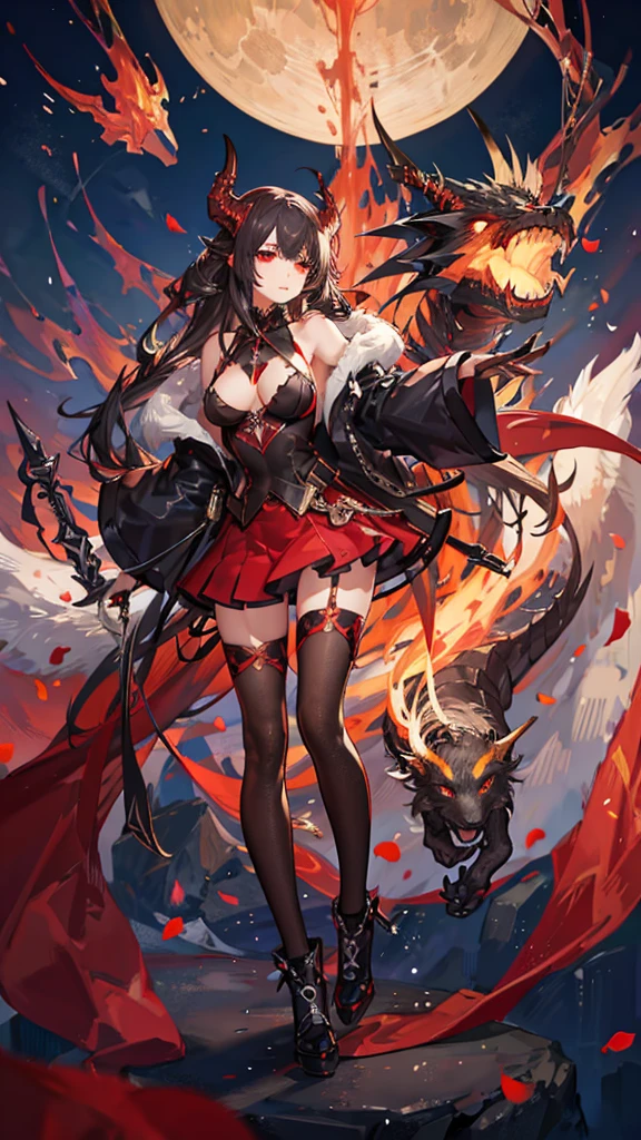 1 girl, black fur, Red eyes, with suit and skirt, Red Dragon, big breasts