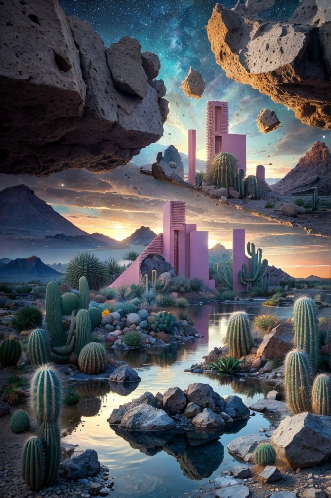 An illustration, collage style, David Hockney visual style, (((Luis Barragán's architectural style houses in middle of a lake))), big boulders, little cascade, mountains, volcanos, volcanic landscape, pool, stairs, beautiful gardens, abundant vegetation, cacti, agave, big clouds, sunset. Magazine cover, serif tipography, editorial design, masterpiece, An illustration in collage style, con rocas gigantes, Brutalist construction sections, escaleras, cactus, agave, textura de concreto, Multiple geometric shapes, hatch and cross hatching, planeta Saturno. ((masterpiece, best quality)),illustration,ultra detailed 8k. (((An illustration of a build designed by Luis Barragán))), with a desertic vegetation garden, (big rocks), ((cacti)), lake, volcano in horizon, smooth clouds, (((illustration collage format))), ((Escher's art style)), (((multiple sections))), (violet, blue, olive green, grey, black and white), hard shadows, (((geometric sculptures))), concrete sculptures, high contrast, dramatic, cinematographic, ((milky way galaxy)), intricate, intricate details, sharp focus,landscape
