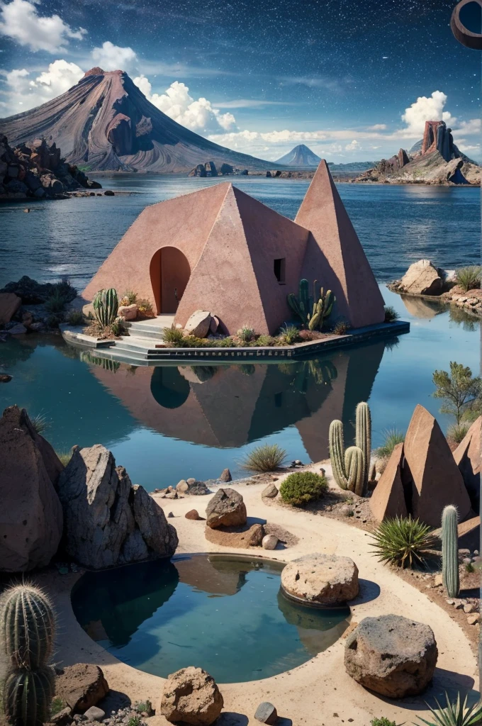 An illustration, collage style, David Hockney visual style, (((Luis Barragán's architectural style houses in middle of a lake))), big boulders, little cascade, mountains, volcanos, volcanic landscape, pool, stairs, beautiful gardens, abundant vegetation, cacti, agave, big clouds, sunset. Magazine cover, serif tipography, editorial design, masterpiece, An illustration in collage style, con rocas gigantes, Brutalist construction sections, escaleras, cactus, agave, textura de concreto, Multiple geometric shapes, hatch and cross hatching, planeta Saturno. ((masterpiece, best quality)),illustration,ultra detailed 8k. (((An illustration of a build designed by Luis Barragán))), with a desertic vegetation garden, (big rocks), ((cacti)), lake, volcano in horizon, smooth clouds, (((illustration collage format))), ((Escher's art style)), (((multiple sections))), (violet, blue, olive green, grey, black and white), hard shadows, (((geometric sculptures))), concrete sculptures, high contrast, dramatic, cinematographic, ((milky way galaxy)), intricate, intricate details, sharp focus,landscape