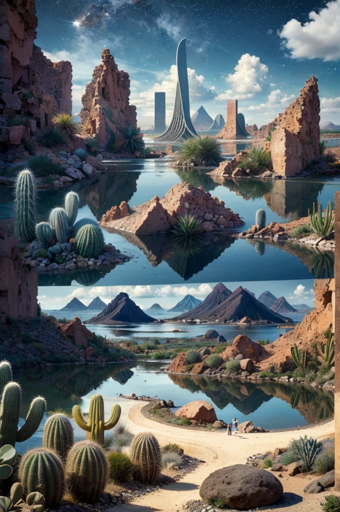 An illustration, collage style, David Hockney visual style, (((Luis Barragán's architectural style houses in middle of a lake))), big boulders, little cascade, mountains, volcanos, volcanic landscape, pool, stairs, beautiful gardens, abundant vegetation, cacti, agave, big clouds, sunset. Magazine cover, serif tipography, editorial design, masterpiece, An illustration in collage style, con rocas gigantes, Brutalist construction sections, escaleras, cactus, agave, textura de concreto, Multiple geometric shapes, hatch and cross hatching, planeta Saturno. ((masterpiece, best quality)),illustration,ultra detailed 8k. (((An illustration of a build designed by Luis Barragán))), with a desertic vegetation garden, (big rocks), ((cacti)), lake, volcano in horizon, smooth clouds, (((illustration collage format))), ((Escher's art style)), (((multiple sections))), (violet, blue, olive green, grey, black and white), hard shadows, (((geometric sculptures))), concrete sculptures, high contrast, dramatic, cinematographic, ((milky way galaxy)), intricate, intricate details, sharp focus,landscape