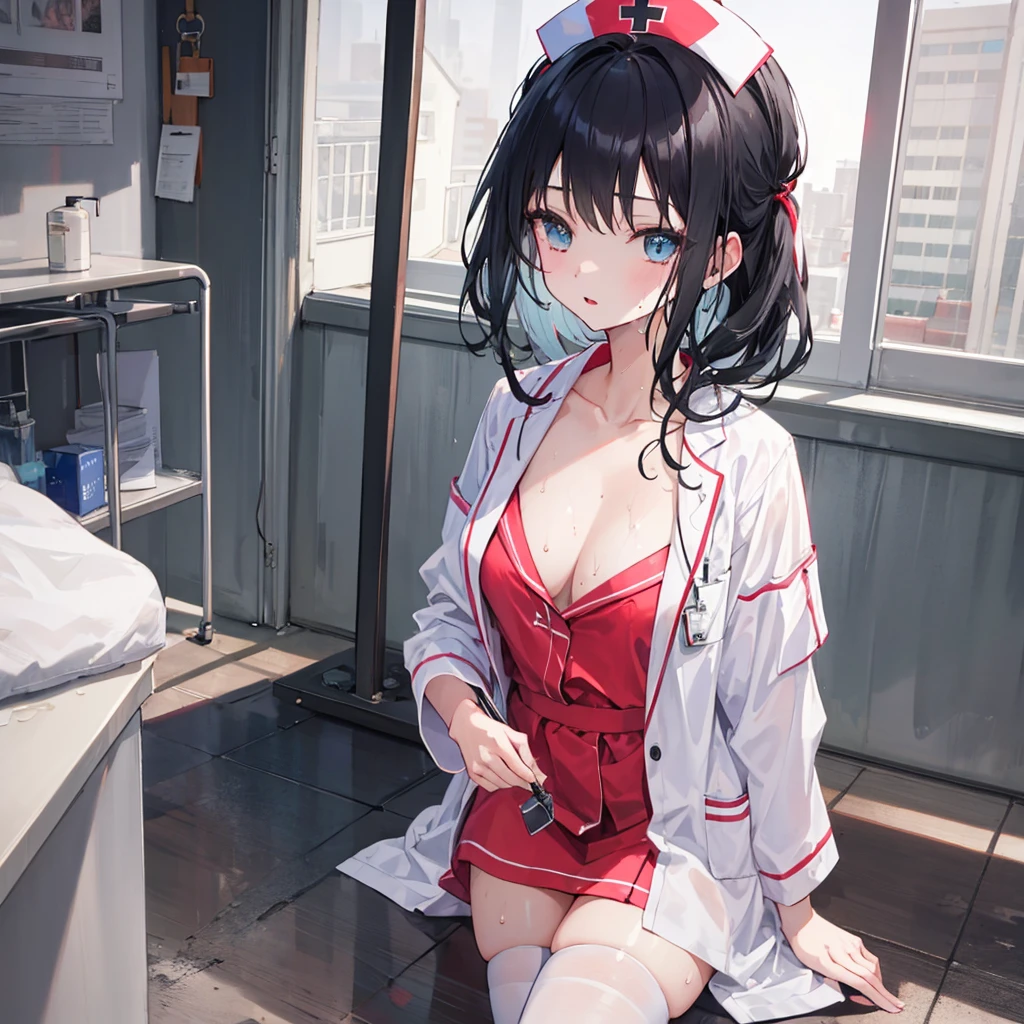 ((Best quality)), ((masterpiece)), (detailed), 1 girl, black hair, nurse, At school, Wet bathrobe, chest showing through,white stockings