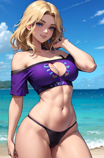25-year-old Caucasian woman、Gradient color from blonde to purple、blue eyes、semi-long、my hair is wavy、I can see the belly button、My abs are cracked、Slender but well-proportioned muscular body、smile、Wearing an off-shoulder top with a logo printed on it、I'm wearing low-rise hot panty butt is sticking out of my pants、Wearing high heels、Looking back at me while climbing the stone stairs in the city、Perspective looking up from below、smile、big chest, big ass