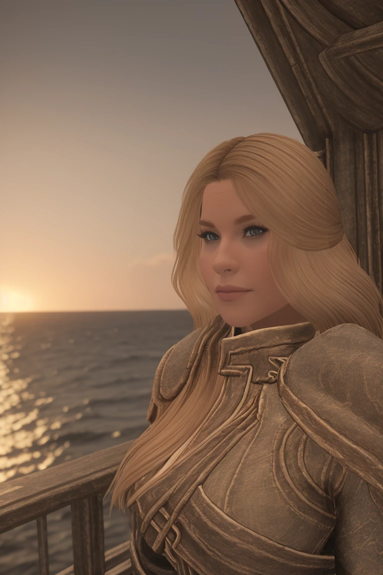 closeup shot of a stunning female Breton maiden stands poised on the weathered deck of a majestic ship at sunset in Skyrim. Her porcelain skin glows softly, illuminated by the warm rays of the rising sun. Delicate features and raven tresses frame her enigmatic smile as she gazes out to sea, the wind gently tousling her locks, blonde hair,female breton