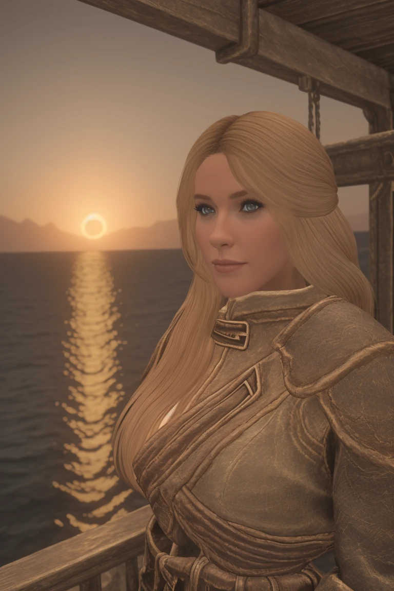 closeup shot of a stunning female Breton maiden stands poised on the weathered deck of a majestic ship at sunset in Skyrim. Her porcelain skin glows softly, illuminated by the warm rays of the rising sun. Delicate features and raven tresses frame her enigmatic smile as she gazes out to sea, the wind gently tousling her locks, blonde hair,female breton
