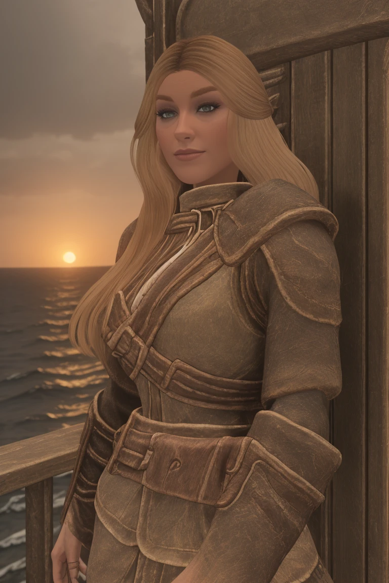 closeup shot of a stunning female Breton maiden stands poised on the weathered deck of a majestic ship at sunset in Skyrim. Her porcelain skin glows softly, illuminated by the warm rays of the rising sun. Delicate features and raven tresses frame her enigmatic smile as she gazes out to sea, the wind gently tousling her locks, blonde hair,female breton