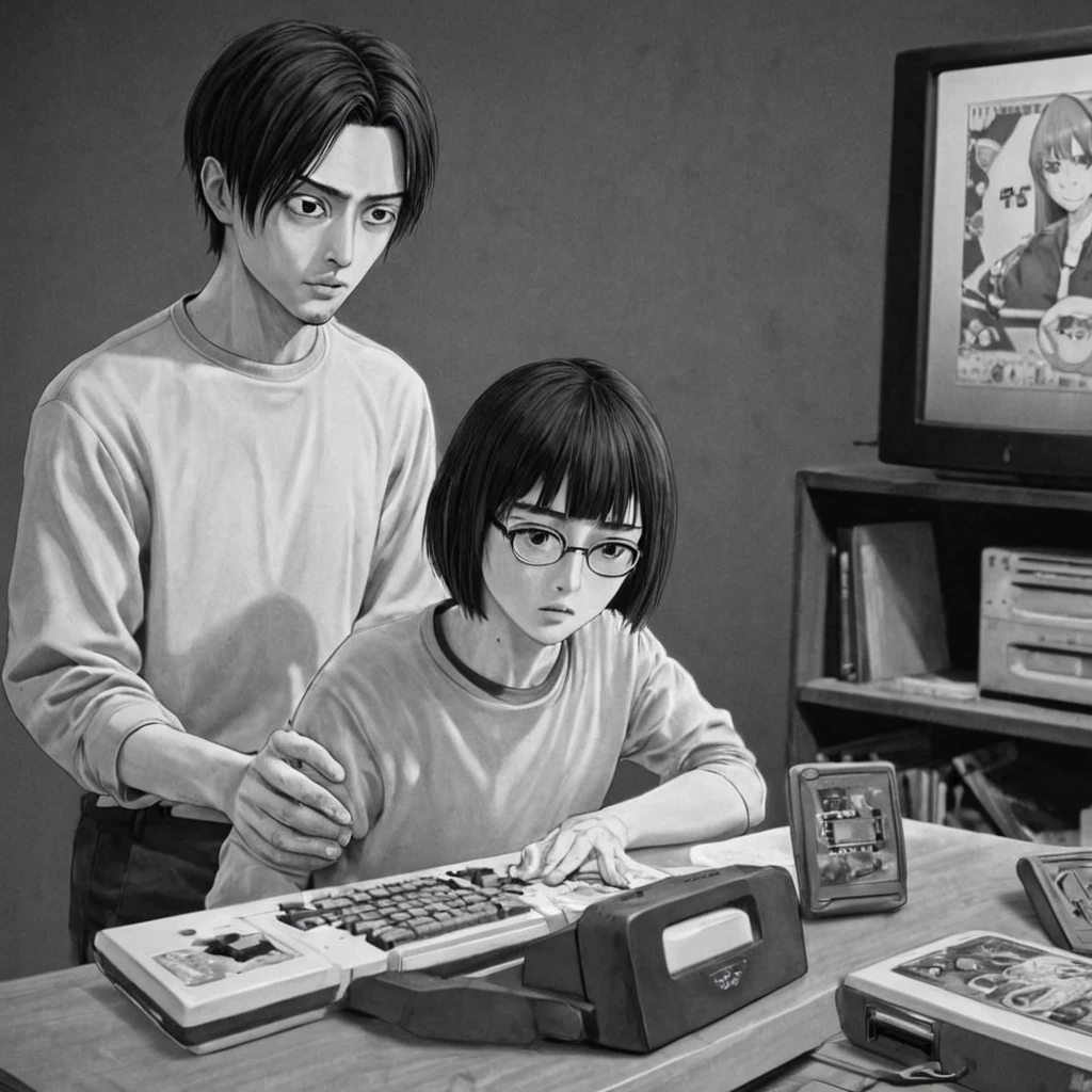 playing video games, (anime), bizarre scenario, This is Junji, Yusuke Murata, black and white, 8K, anime, horror