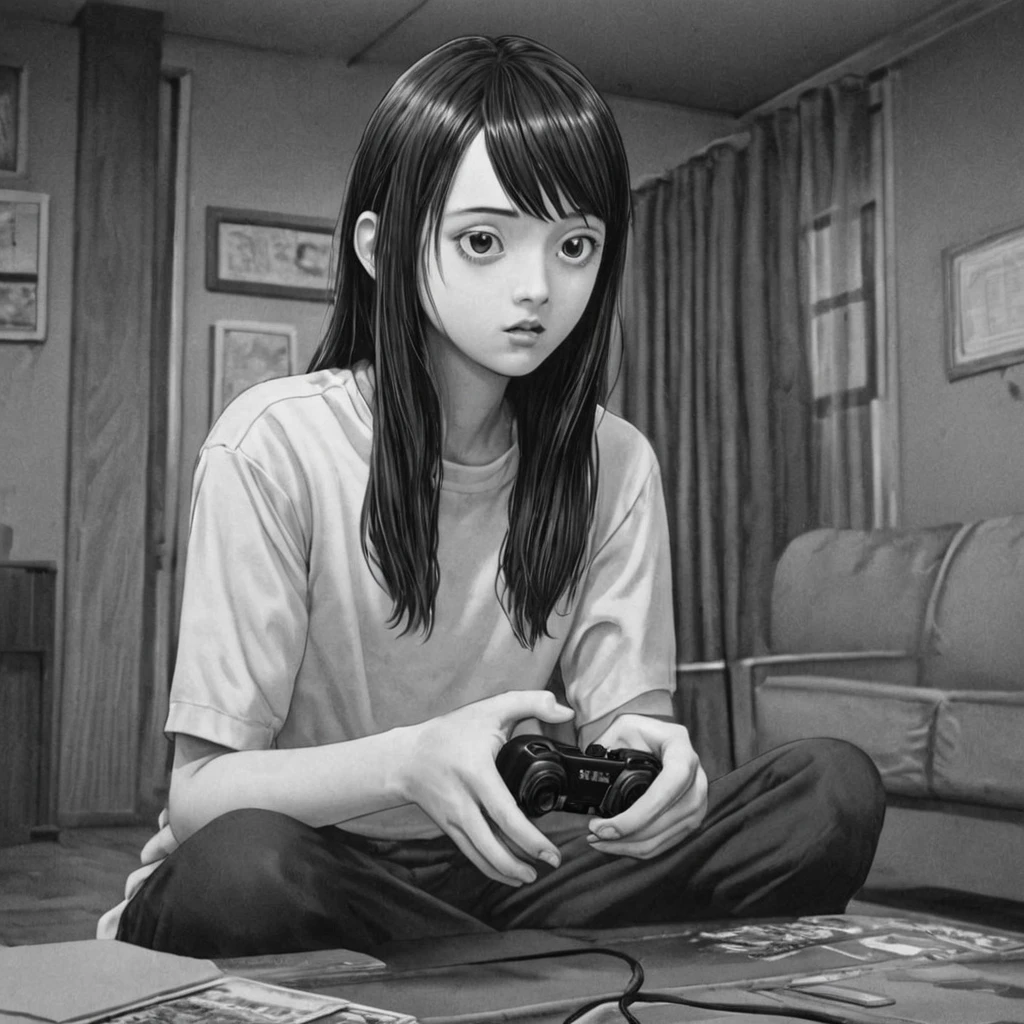 playing video games, (anime), bizarre scenario, This is Junji, Yusuke Murata, black and white, 8K, anime, horror