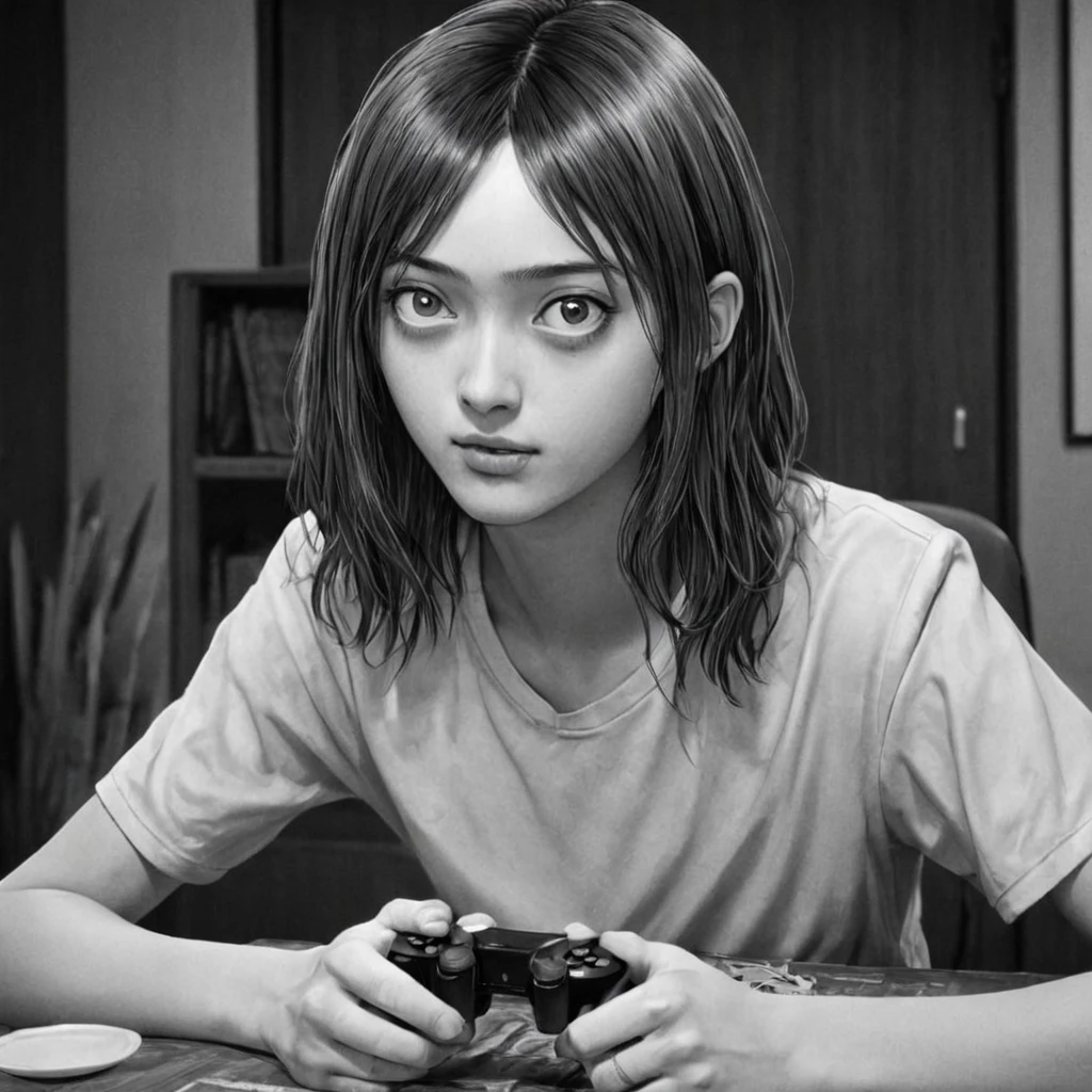 playing video games, (anime), bizarre scenario, This is Junji, Yusuke Murata, black and white, 8K, anime, horror