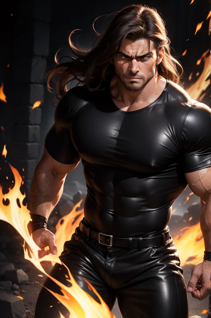 Realistic 8K image of a handsome, strong man, 25 years old, long brown hair, brown eyes, angry expression, dressed in a simple black leather crop top, bandages wrapped around his arms, charging forward invoking flames, large underground dungeon , art in anime style,big biceps,muscular body
