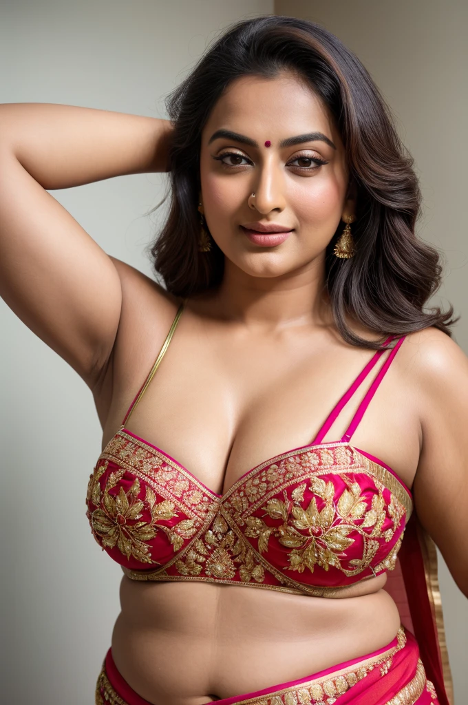 Foto RAW, photorealistic, photography, full body shot, master shot, perfect eyes, goddess like beauty, pierced eyes, perfect thick chubby mallu Desi aunty bhabhi, Wearing a Stanapatta, a chest-band.Saree model, model Photography, Indian saree shoot, Indian traditional wear advertising photography, traditional wear brand shoot, face of Indian actress Sonakshi Sinha, masterpiece, realistic, realism, incredible details,  pleasure, photorealism, detailed skin, skin pores, high contrast, photorealistic Artstation 8k HD digital art trend of high definition and detailed realistic skin texture, ultra detail, realistic skin texture, armature, best quality, ultra high definition, (photorealistic:1.4),, high resolution, detail, raw photo, sweat, Re sharp, by Lee Jefferies Nikon D850 Film Stock Photo 4 Kodak Portra 400 Camera F1.6 Lens Rich Color Ultra Real Realistic Realistic Textures Dramatic Lighting Unreal Engine Trending at Art Station Cinestill 800,(pele altamente detalhada: 1.2), 8k UHD, DSLR, soft-lighting, alta qualidade, grain of film, Fujifilm XT3,she didn't like to wear blouse or , she is happy to wear only saree, she hates blouse or , detailed hairy armpits, hyper realistic skin, skin pores, sweat, veins, 