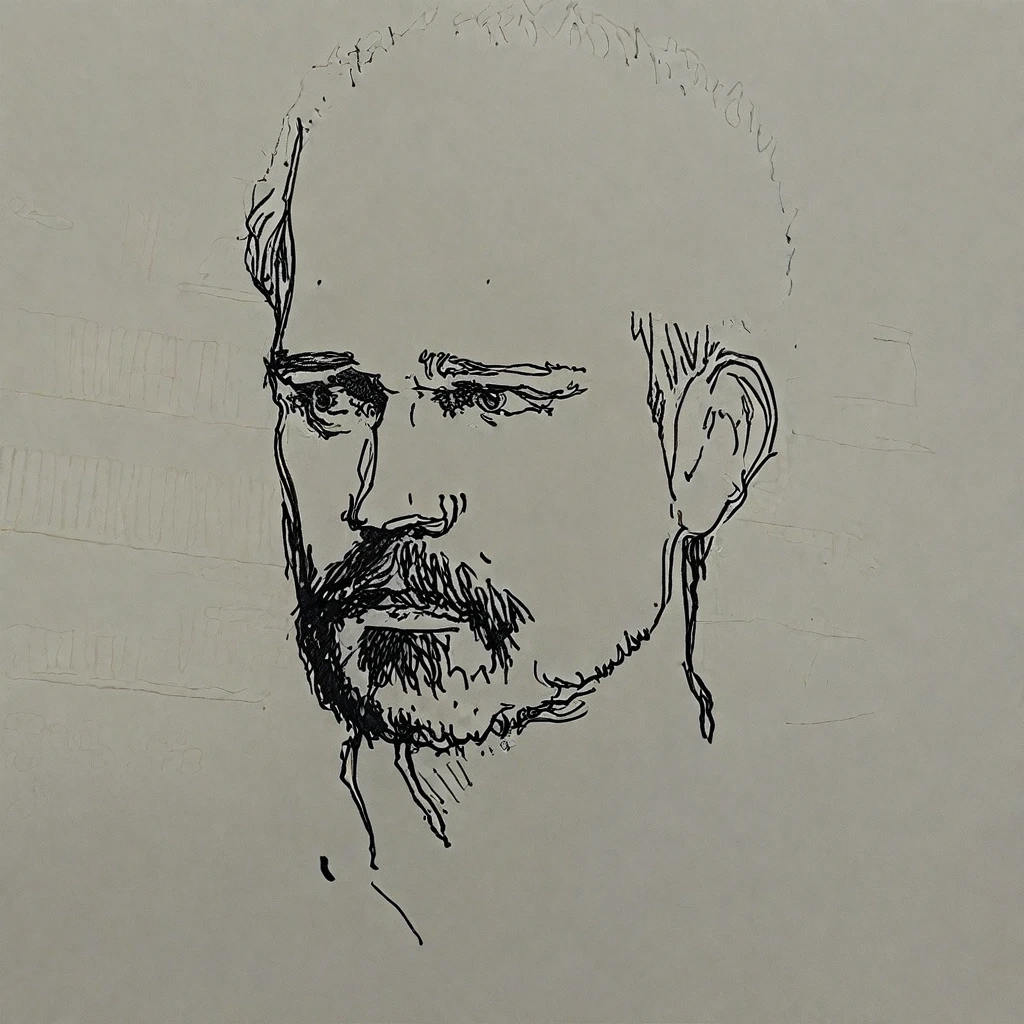 black and white drawing of a a man with beard on a white paper