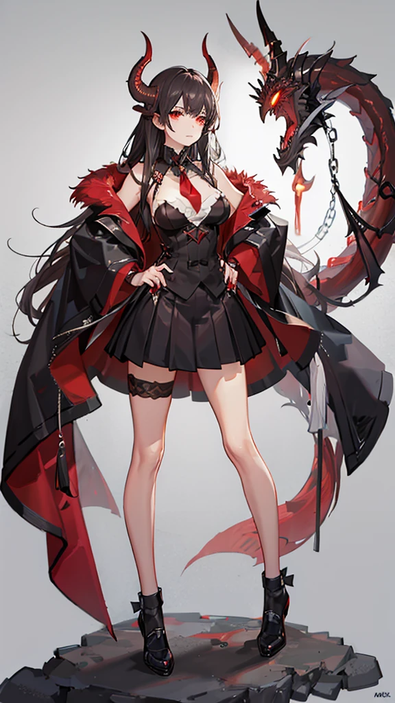 1 girl, black fur, Red eyes, with suit and skirt, Red Dragon, big breasts