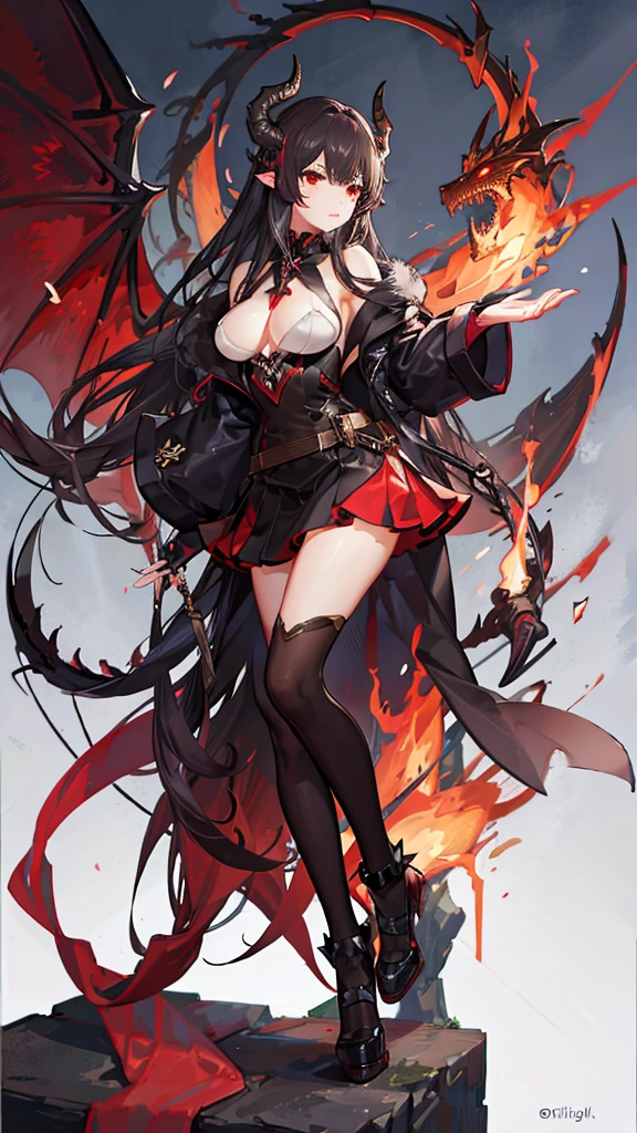 1 girl, black fur, Red eyes, with suit and skirt, Red Dragon, big breasts