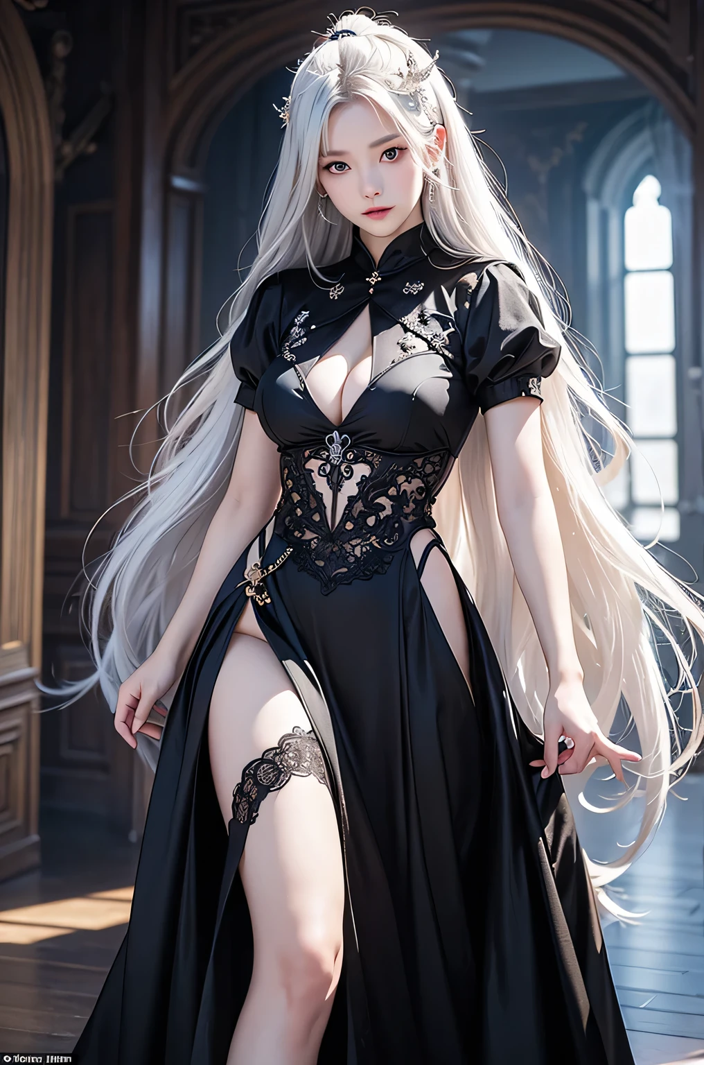 ((masterpiece:1.5,Highest quality,Highly detailed images,Beautiful images、Realistic、Photorealistic、2.5D))(1girl, solo)(medium breasts, white hair, black eyes, Healthy legs、Tight ass、Beautiful cleavage)(Fantasy dresses、Fantasy Clothes、Battle Dress from Another World、Deep slit)(wind, floating hair)(Inside the castle、Audience Chamber）
