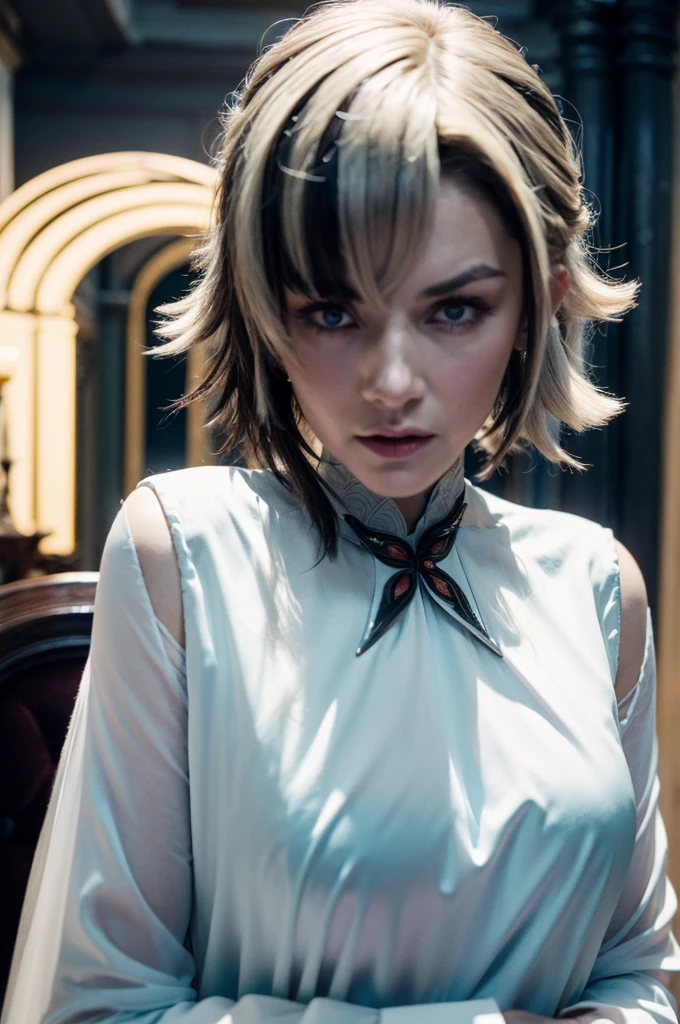 A adult muscle girl in realistic portrait of high quality and detail, 2000's movie style, french girl, dark and mysterious atmosphere, pale skin, glow, eye shadow, 1girl, thriller fantasy, Depth & Perspective, sadness on her face, short silver hair, She has black eyes with red cross-shaped pupils, Mystical powers, french old traditional clothes, fine face, standing on a hill, outside, the royal palace of the 16th century on the background, blue sky, white cloud, looking at viewer, (ultra-high detail:1.2), Masterpiece, Best Quality, Ultra-detailed, Cinematic lighting, 8K, delicate features, cinematic, 35 mm lens, f/1.9, highlight lighting, global lighting –uplight –v 4, cinematic, intense gaze, Cinematic lighting, 8K, high quality, Highest Quality, (Solo Focus), (extremly intricate:1.3), (Realistic), dramatic, masterful, Analog style, (Film grain:1.5), (warm hue, cold tone), a close up of a person surrounded, destruction behind back