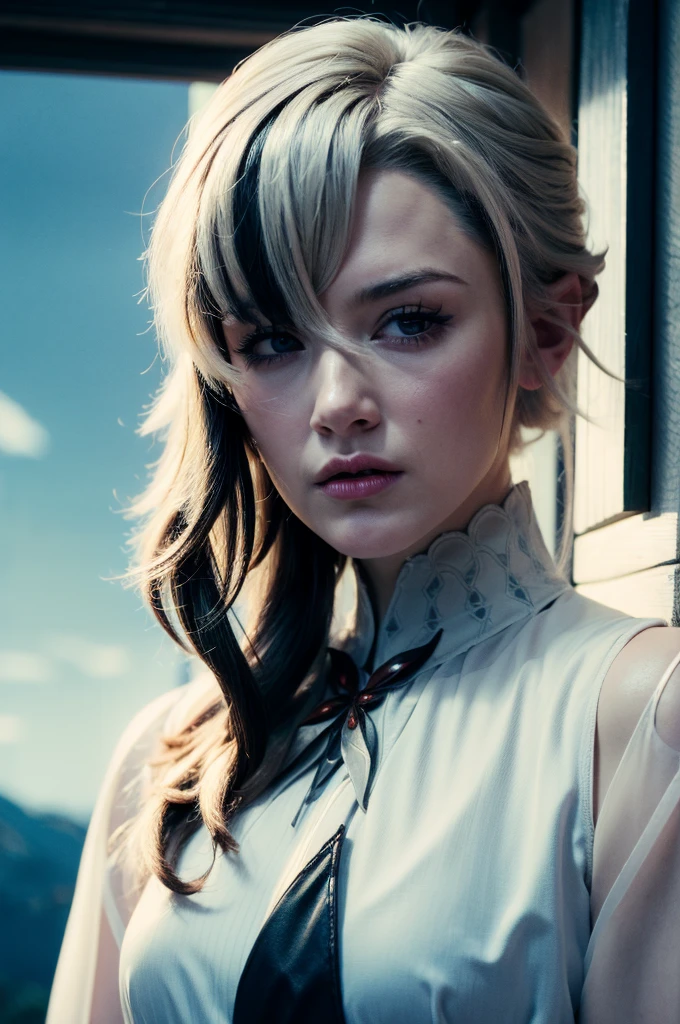 A adult muscle girl in realistic portrait of high quality and detail, 2000's movie style, french girl, dark and mysterious atmosphere, pale skin, glow, eye shadow, 1girl, thriller fantasy, Depth & Perspective, sadness on her face, short silver hair, She has black eyes with red cross-shaped pupils, Mystical powers, french old traditional clothes, fine face, standing on a hill, outside, the royal palace of the 16th century on the background, blue sky, white cloud, looking at viewer, (ultra-high detail:1.2), Masterpiece, Best Quality, Ultra-detailed, Cinematic lighting, 8K, delicate features, cinematic, 35 mm lens, f/1.9, highlight lighting, global lighting –uplight –v 4, cinematic, intense gaze, Cinematic lighting, 8K, high quality, Highest Quality, (Solo Focus), (extremly intricate:1.3), (Realistic), dramatic, masterful, Analog style, (Film grain:1.5), (warm hue, cold tone), a close up of a person surrounded, destruction behind back
