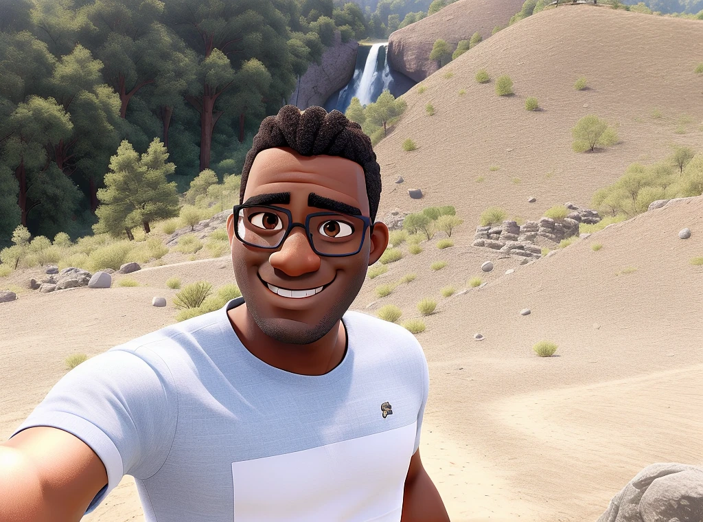dark-skinned man, without beard, smiling, wearing glasses, landscape in the background