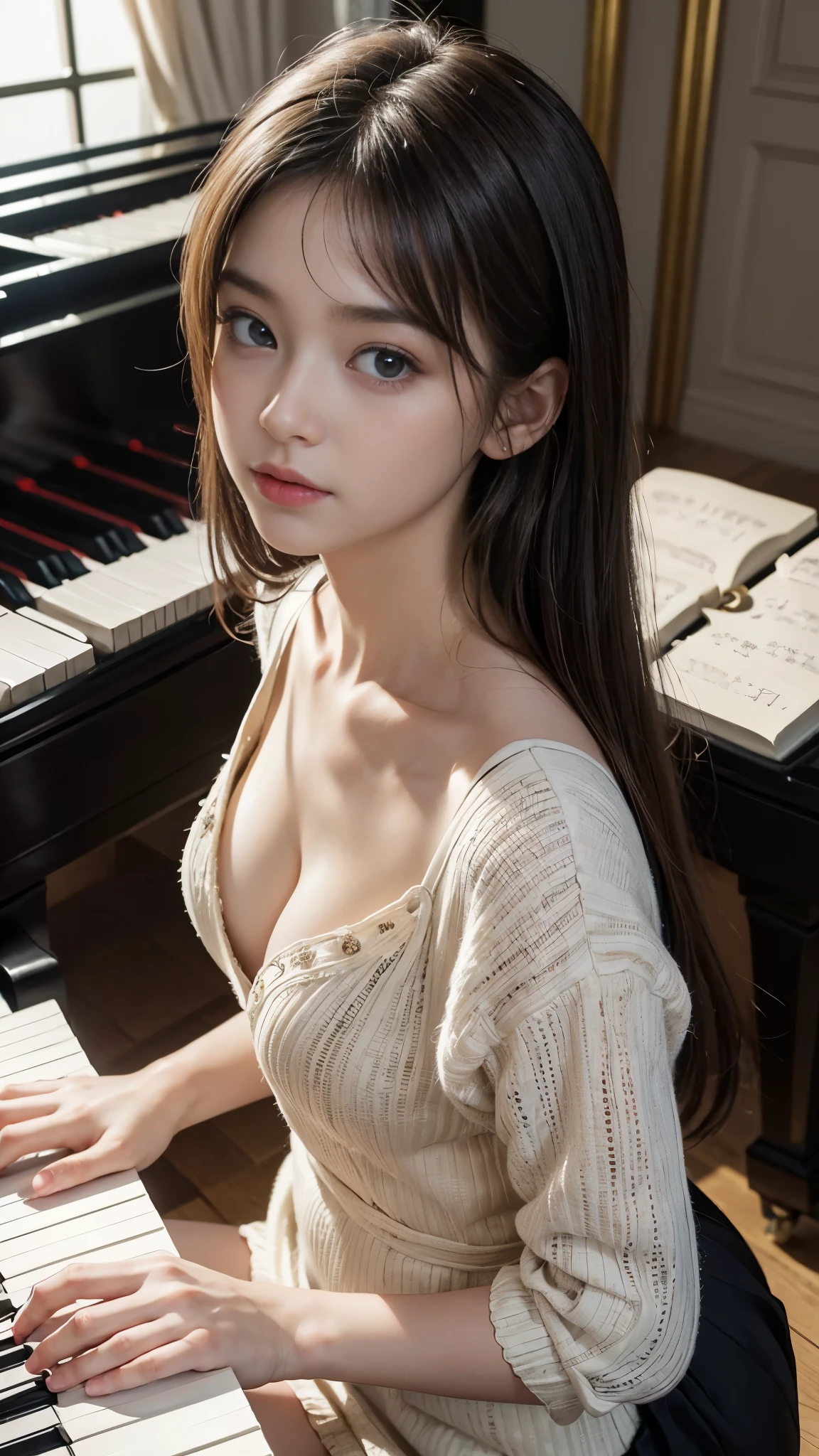 ((Beautiful girl playing piano in the living room, Practicing the piano)), super detailed piano, From above, Mysterious Space, clear々A nice morning, Living room of the mansion, Foliage plant, Window, (, Baby Face:1.4), (clear楚な黒ドレス), (Beautiful breasts, Fascinating Cleavage:1.2), Small beautiful butt, (((Chest flickering:1.3))), ((Detailed eyes and face, Professional photography techniques, Cinema Lighting)), ((Detailed hands, The pianist&#39;s beautiful hands)), (Highest quality, 8K, masterpiece:1.2, RAW Photos), Short Hair, (Perfect Anatomy:1.3), (View the viewer)