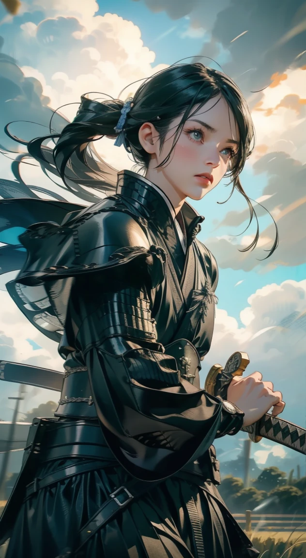 samurai girl, 1 girl, beautiful detailed eyes, beautiful detailed lips, extremely detailed face and eyes, long eyelashes, samurai armor, ((japanese swords)), rural rice field road, rolling hills, cloudy sky, detailed environment, dramatic lighting, cinematic lighting, dramatic shadows, highly detailed, 8K, photorealistic, hyper detailed, masterpiece, vibrant colors, atmospheric, intricate details,Photograph the whole body