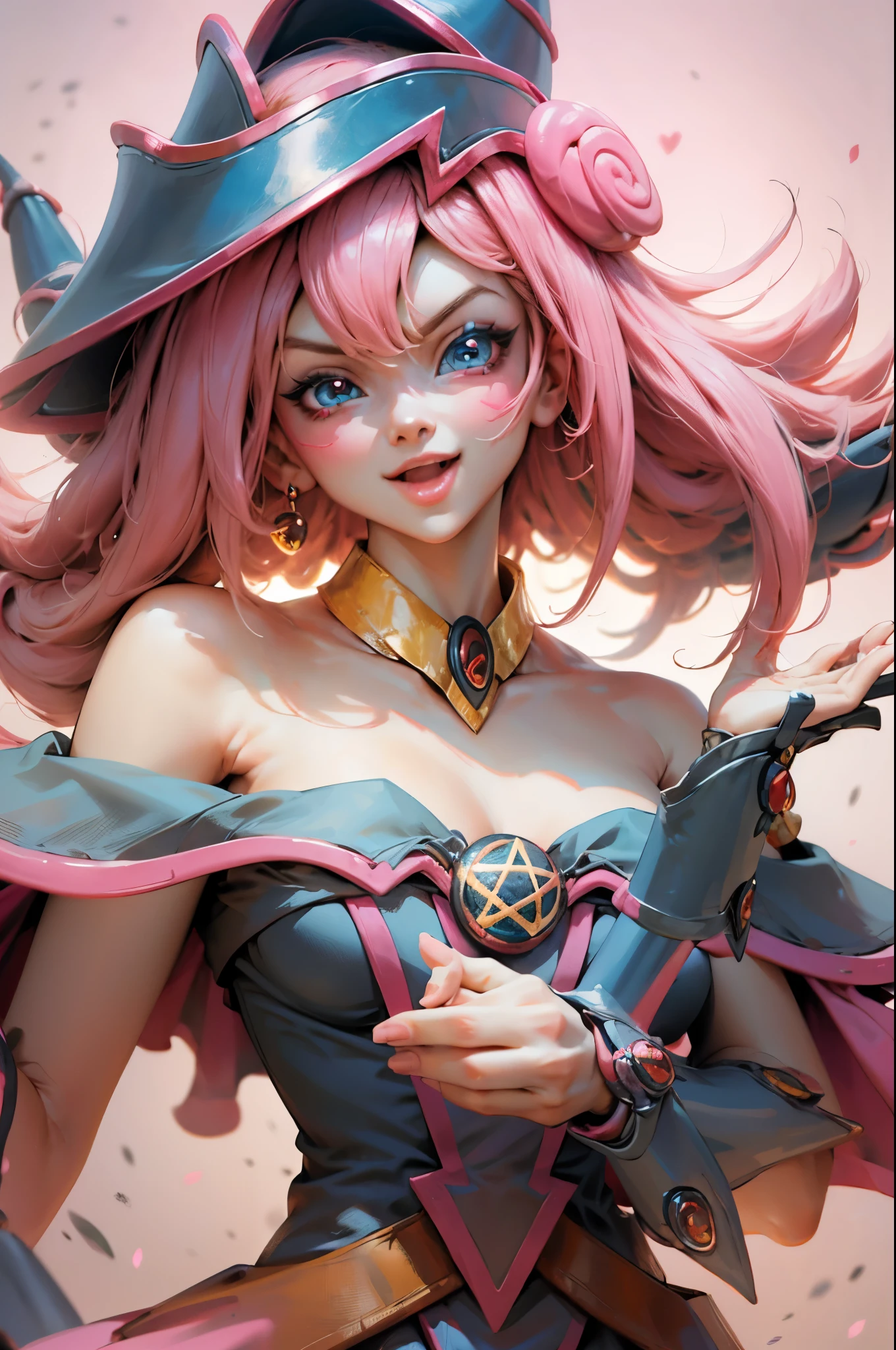 Create the beautiful face of dark magician gils. blue eyes. pink lips. white tea. blond hair. girl smile. Uncovered shoulders. Necklace on the neck. dark wizard gils face. His hands make the sign of peace and love. Peace and love in your hands. 