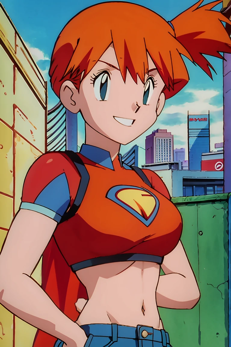 red-haired supergirl posing in front of a city skyline, perfect body, highly detailed giantess shot, sfw large breasts, giantess art, smug smile