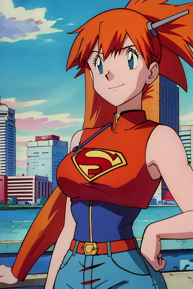 red-haired supergirl posing in front of a city skyline, perfect body, highly detailed giantess shot, sfw large breasts, giantess art, smug smile