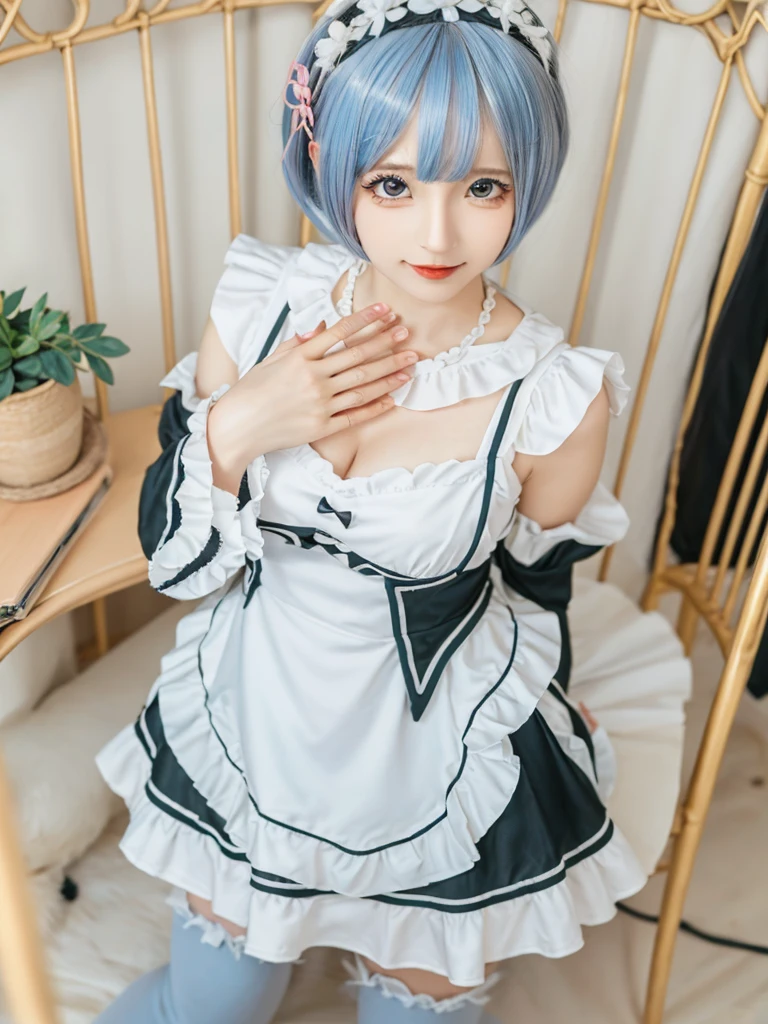 (8K, Photorealistic, Raw photo, of the highest quality: 1.3), (1girl in), Super beautiful, (Realistic face), (boyish, light blue Color Berry Shorthair),(8K, Photorealistic, Raw photo, of the highest quality: 1.3), (1girl in), Super beautiful, (Realistic face), (boyish, pink Color Berry Shorthair), Beautiful , Glare that captivates the viewer, Beautiful expression, Beautiful breasts, (Realistic skin), Be...Create a detailed and colorful image of Ram and Rem from Re:Zero, standing back-to-back in their maid outfits, with a magical fantasy background、14years old, two girls,cute, perfect face, beautiful, nice body, gothic lolita clothes, gothic lolita fashion, frilly skirt, headdress, necklace, bracelet, knee-high socks, boots, double eyelids, tear bags, Detailed down to the fingers, photo-like description, indoors, dim indoor lighting, one girl is pink hair and short bob, another girl is light blue hair and short bob,standing, whole body, composition that shows the whole body, smiling,The Both of them are wearing the same type of maid outfit