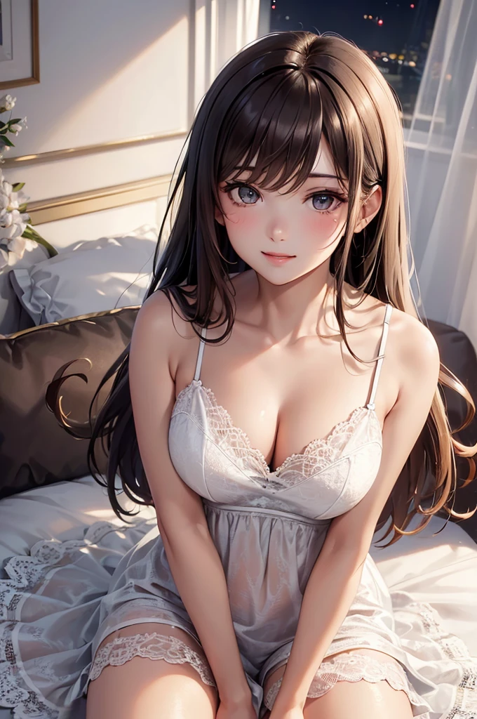 (Best Quality,High resolution,8K,finelity detailed background,Masterpiece:1.2),beautiful girl,Shiny brown hair,messy hair,Brown eyes,Gentle look,A refreshing look,Best quality,Best Quality,Aesthetic and aesthetic:1.2,Best details((Super detailed))(High-definition CG illustrations),cuteグレーの下着 (gray,intricate lace),Slender body,Late Night,Moonlit Night,Bedroom,On the bed,smile,blush,cute,Scrounge,Looking up,Being spoiled,super model,wariza,shoot from above