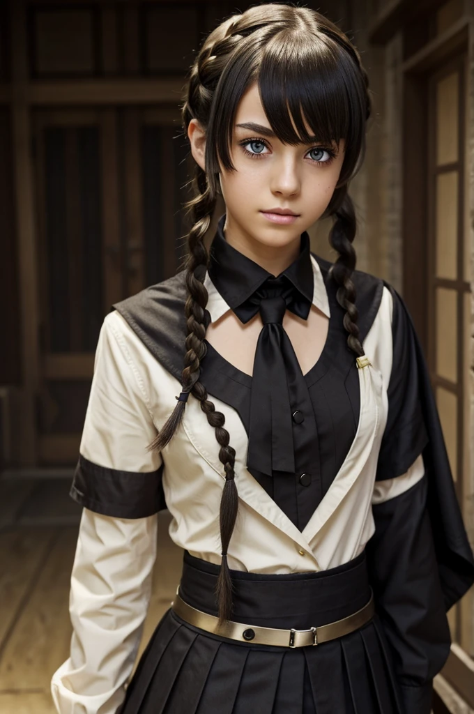 Girl with short messy hair next to two braids, yellow eyes, a mole under his eyes, owari no seraph school clothes 