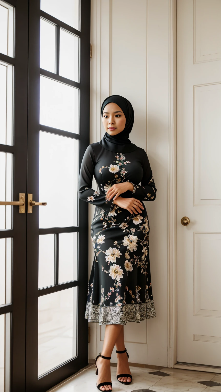 Full body shot of (abbie_cornish:0.6) indonesian girl wearing a hijab, casual shirt, casual dress, long skirt, sandals, in a kitchen,face incredibly detailed, lips, realistic skin, solo,medium breasts,skin tight, puffy ,facial, masterpiece,best quality, Intricate, High Detail, dramatic, front view, wide view,RAW, Best quality, high resolution, masterpiece: 1.3), beautiful Indonesian woman in hijab, perfect hijab, Masterpiece, perfect fit body, big breast,big gorgeous eyes, Soft smile,beautiful face,thick thighs, woman in a black and white floral dress standing in front of a green door, modest flowing gown, beautiful soft silky dress, beautiful silky dress, beautiful detailed dress, stylish dress, swirly flower dress, wearing a long flowery dress, full covered dress, delicate patterned, long dress female, frock, flowery dress, baroque dress, lady with glowing flowers dress , (Delicate turtleneck) , Excellent lighting, Bright colors, Clean lines,
