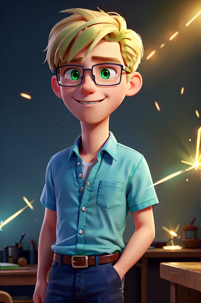 A blond man, young and enthusiastic, wearing glasses and a casual shirt, Tiny sparks of blue and green light are coming out of the man&#39;s fingers, towards the keyboard and computer screen. as if there was magic or a miracle for him to call