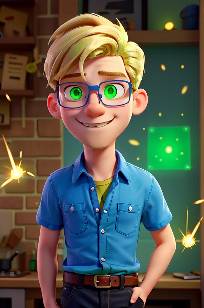 A blond man, young and enthusiastic, wearing glasses and a casual shirt, Tiny sparks of blue and green light are coming out of the man's fingers, towards the keyboard and computer screen. as if there was magic or a miracle for him to call
