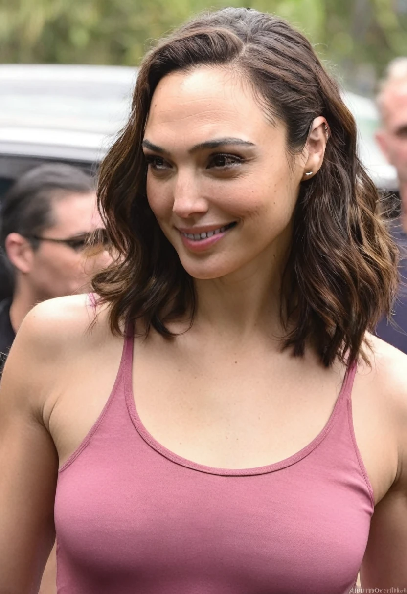  high quality random  paparazzi photograph  (GalGadot  , housewife , mother, slim fit figure, flat breast , random angle, broad shoulders , smiling , pale white skin, sweaty  ) random erotic photograph , she is wearing a sweaty dark pink color   tshirt , random move ,seductive, exhausted  woman   ( depth of field, insanely detailed skin texture, extremely detailed face, hyper detailed features )