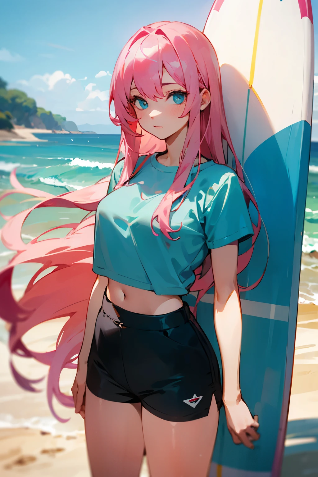Girl Long Pink Hair, big ice blue eyes, green top, black shorts, on the beach with surfboard