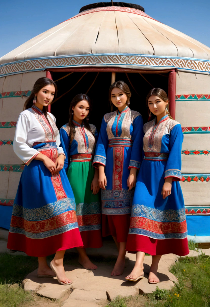 (best quality), (masterpiece), (detailed), (5 girl), (full body), five Uzbekistan Young Women standing in front of Mongolian Yurt, Uzbekistan young women, beautiful detailed eyes,sexy traditional,sexy, cute,