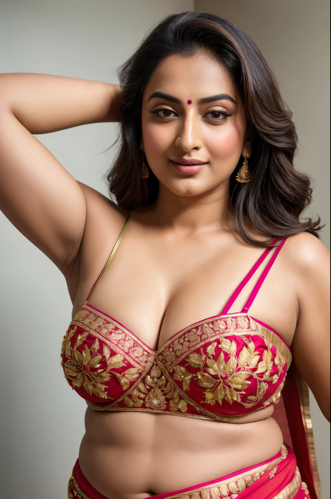 Foto RAW, photorealistic, photography, full body shot, master shot, perfect eyes, goddess like beauty, pierced eyes, perfect thick chubby mallu Desi aunty bhabhi, Wearing a Stanapatta, a chest-band.Saree model, model Photography, Indian saree shoot, Indian traditional wear advertising photography, traditional wear brand shoot, face of Indian actress Sonakshi Sinha, masterpiece, realistic, realism, incredible details,  pleasure, photorealism, detailed skin, skin pores, high contrast, photorealistic Artstation 8k HD digital art trend of high definition and detailed realistic skin texture, ultra detail, realistic skin texture, armature, best quality, ultra high definition, (photorealistic:1.4),, high resolution, detail, raw photo, sweat, Re sharp, by Lee Jefferies Nikon D850 Film Stock Photo 4 Kodak Portra 400 Camera F1.6 Lens Rich Color Ultra Real Realistic Realistic Textures Dramatic Lighting Unreal Engine Trending at Art Station Cinestill 800,(pele altamente detalhada: 1.2), 8k UHD, DSLR, soft-lighting, alta qualidade, grain of film, Fujifilm XT3,she didn't like to wear blouse or bra, she is happy to wear only saree, she hates blouse or bra, detailed hairy armpits, hyper realistic skin, skin pores, sweat, veins, 