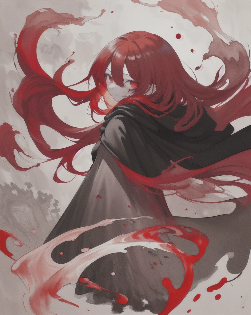 1girl,(red hair)),red eyes,萝,long hair,(loose long hair),((black cloak)),(cape hood),scarf,red moon on the sky,night,floating red flowers falling,upper body,ruins,intense shadows,ash,fire,ice,((Ink wash painting)),((ink splashing)),((color splashing)),