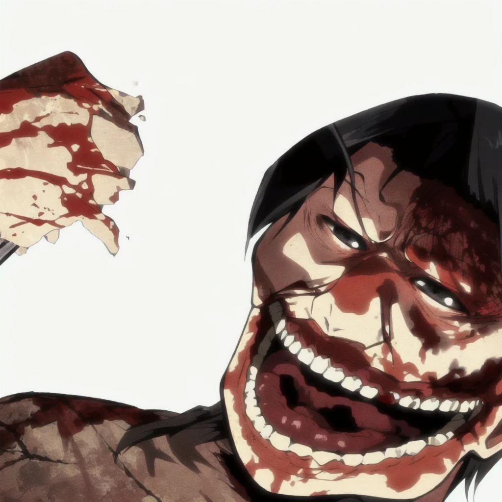 ugly titan, covered in blood, wide mouth, black greasy hair,