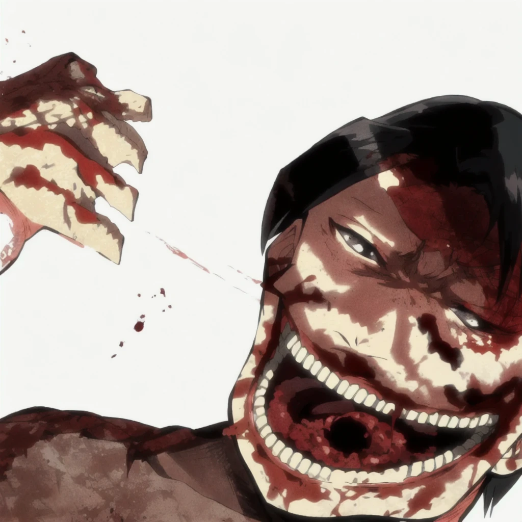 ugly titan, covered in blood, wide mouth, black greasy hair,