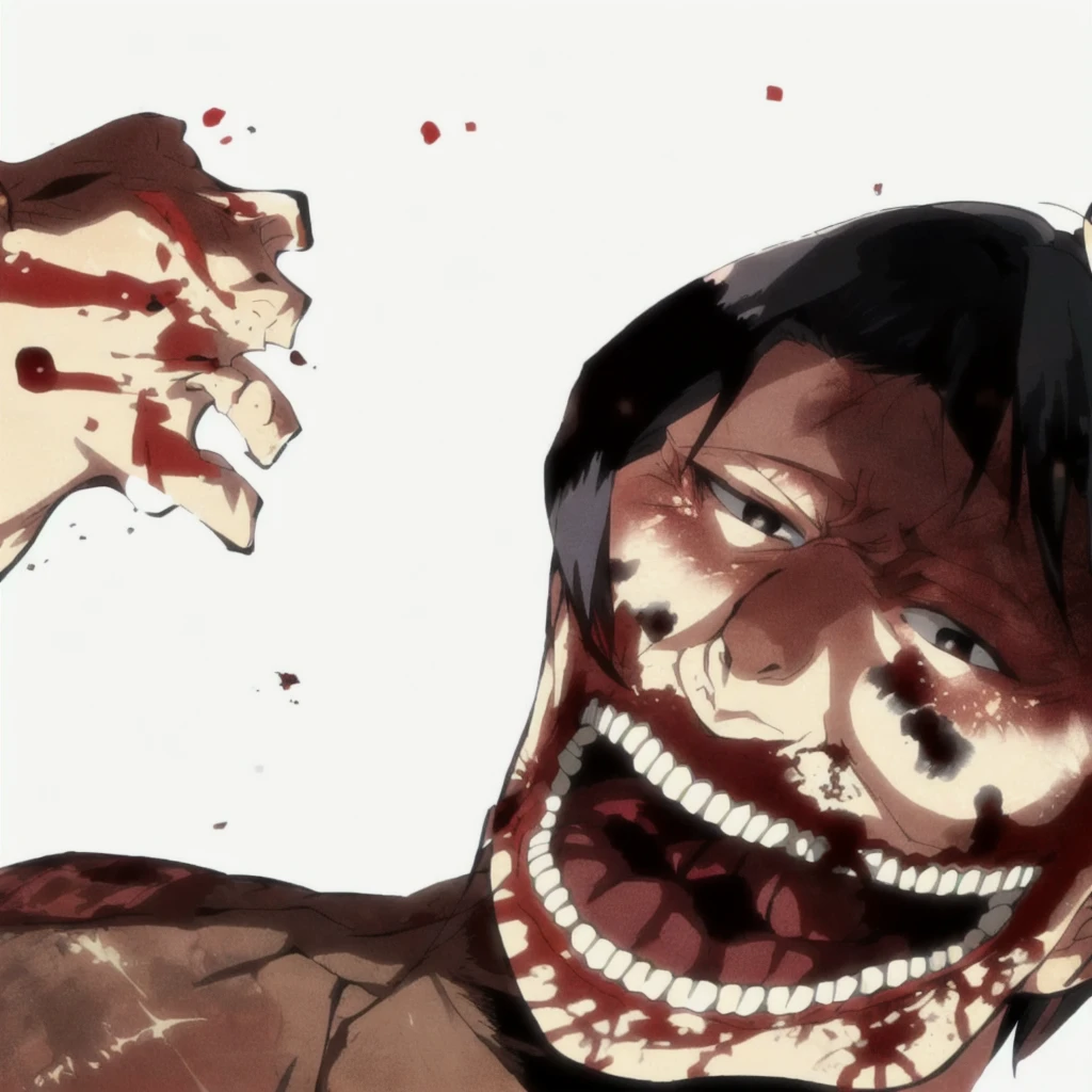 ugly titan, covered in blood, wide mouth, black greasy hair,